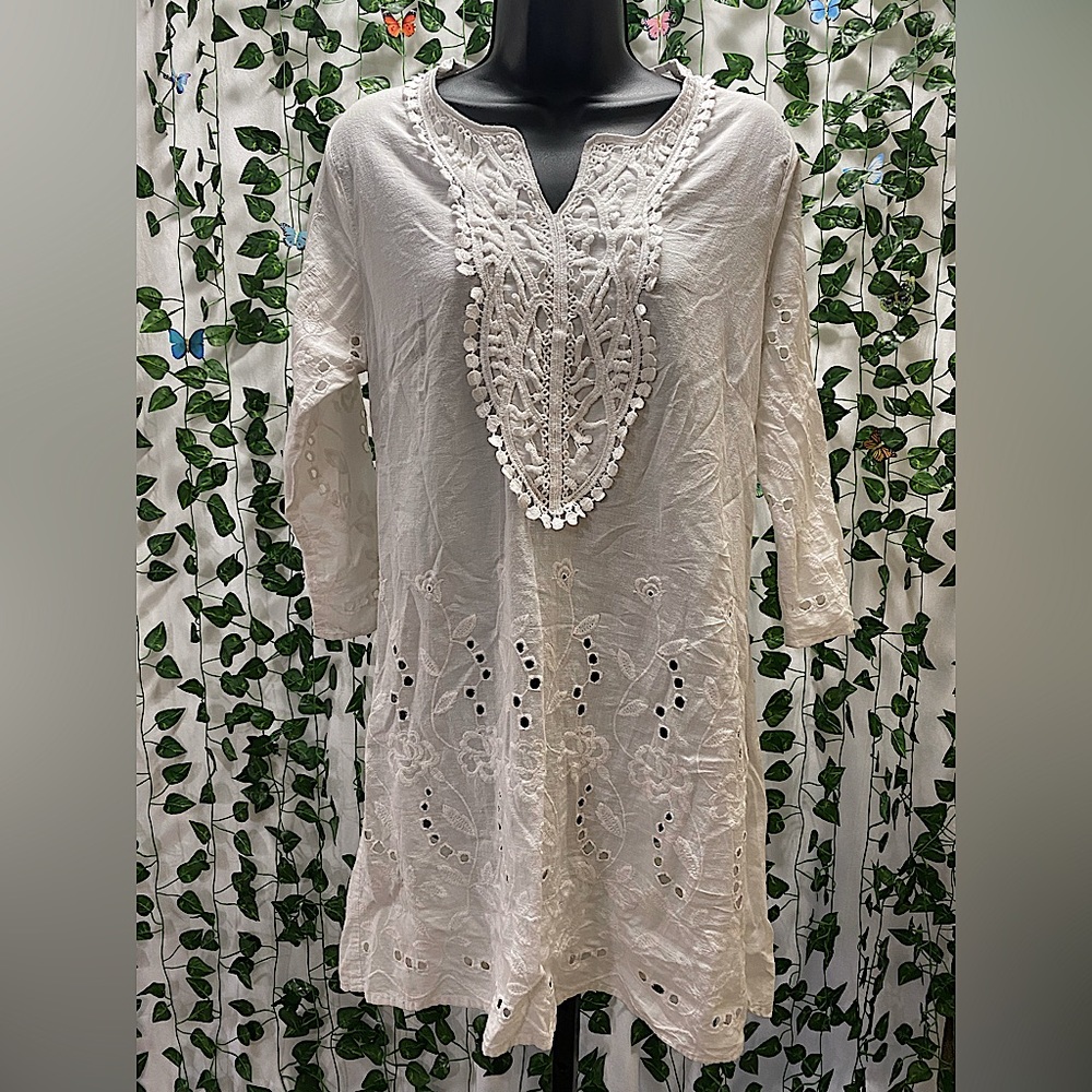 Sheer White Embroidered Cover Up - Size: S